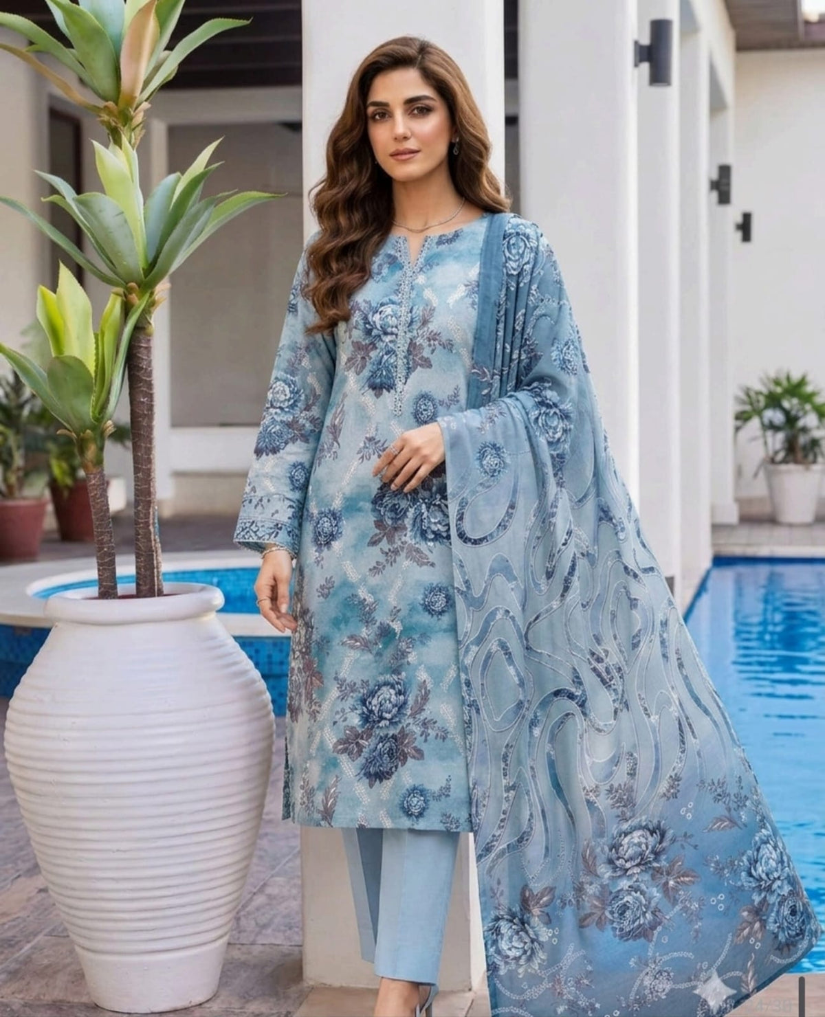 Nilofar Aqua Floral Embroidered Unstitched Lawn 3 Piece
