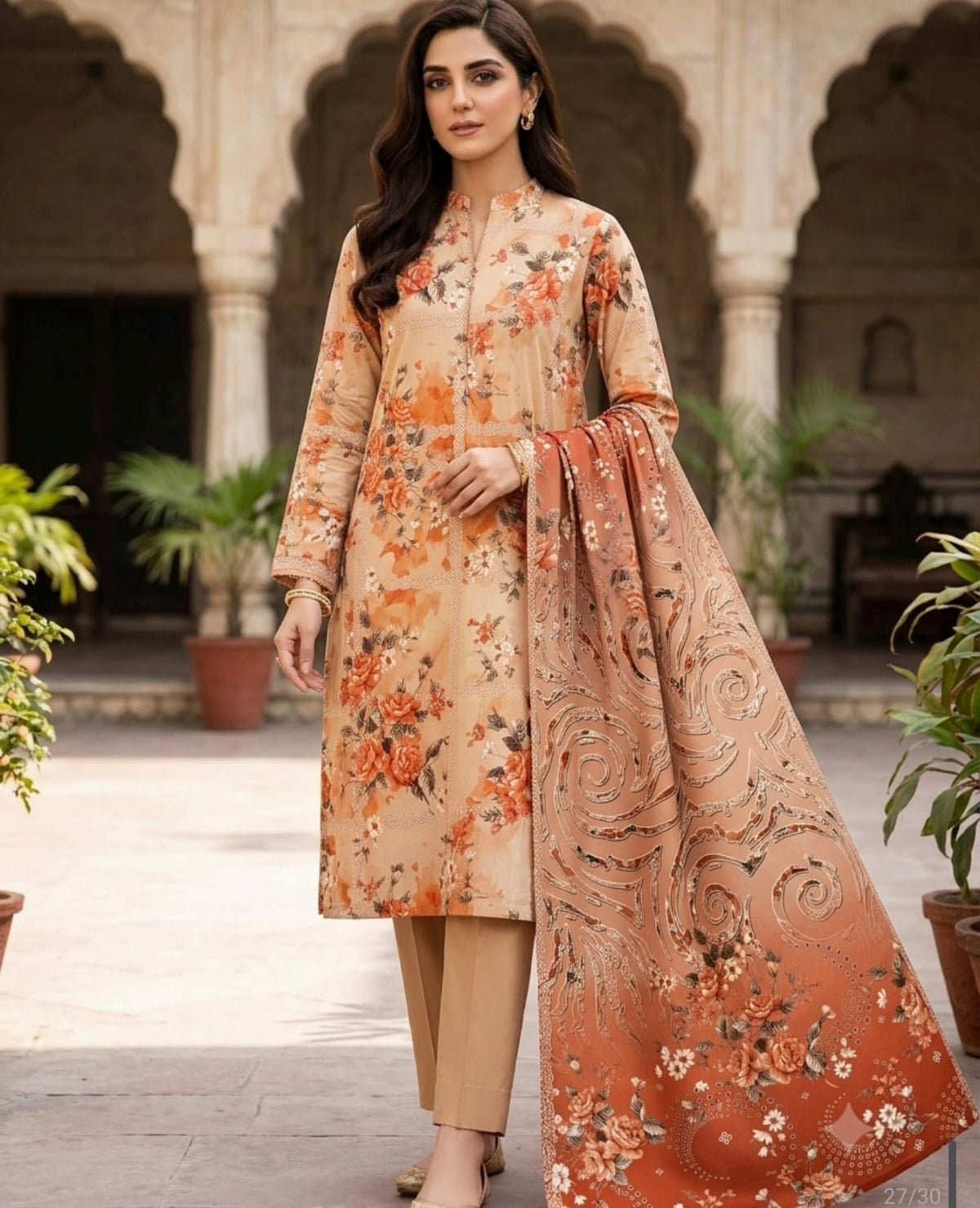 Shafaq Peach Bloom Printed Unstitched Lawn 3Piece