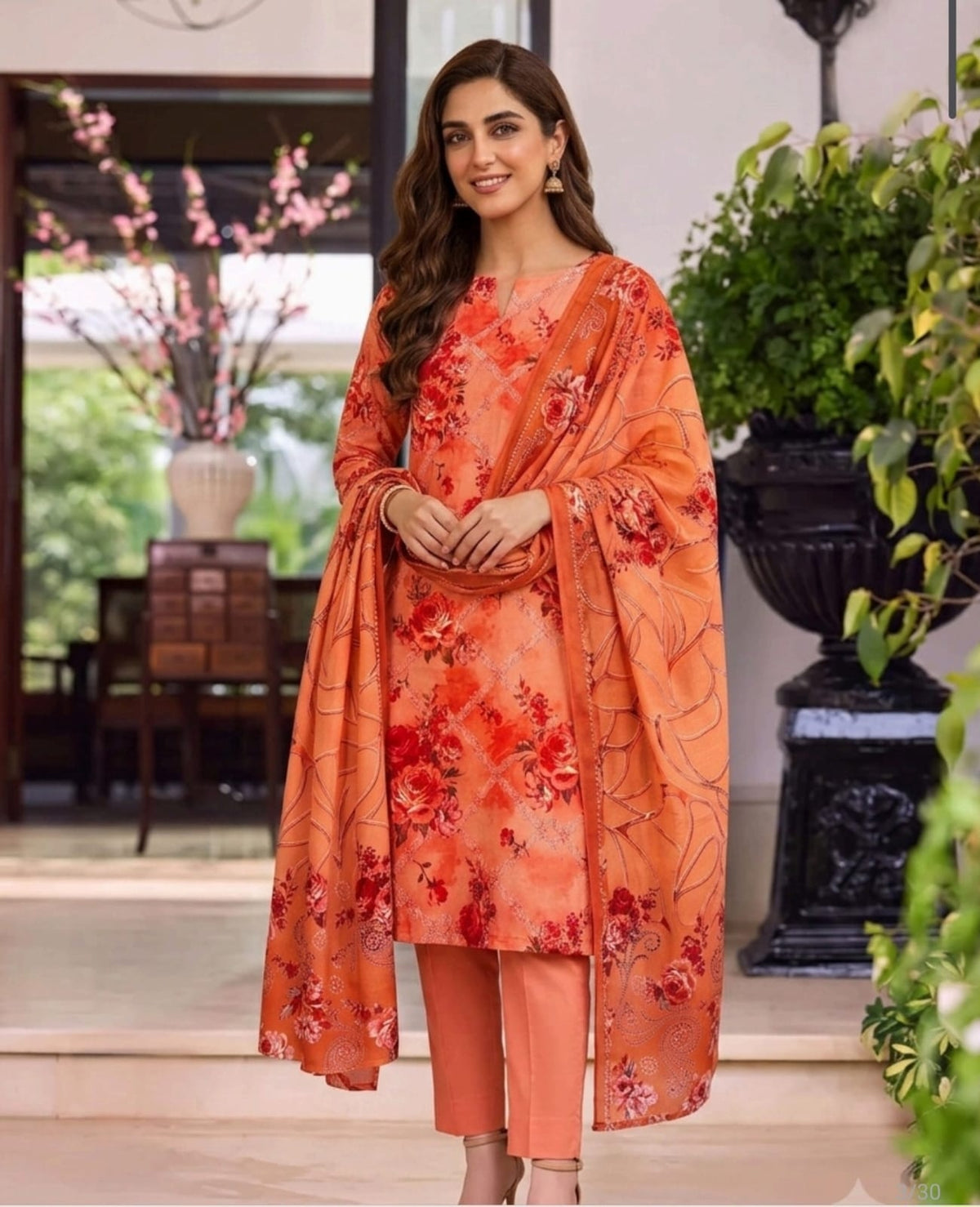 Aftab Coral Orange Floral Unstitched Lawn 3Piece