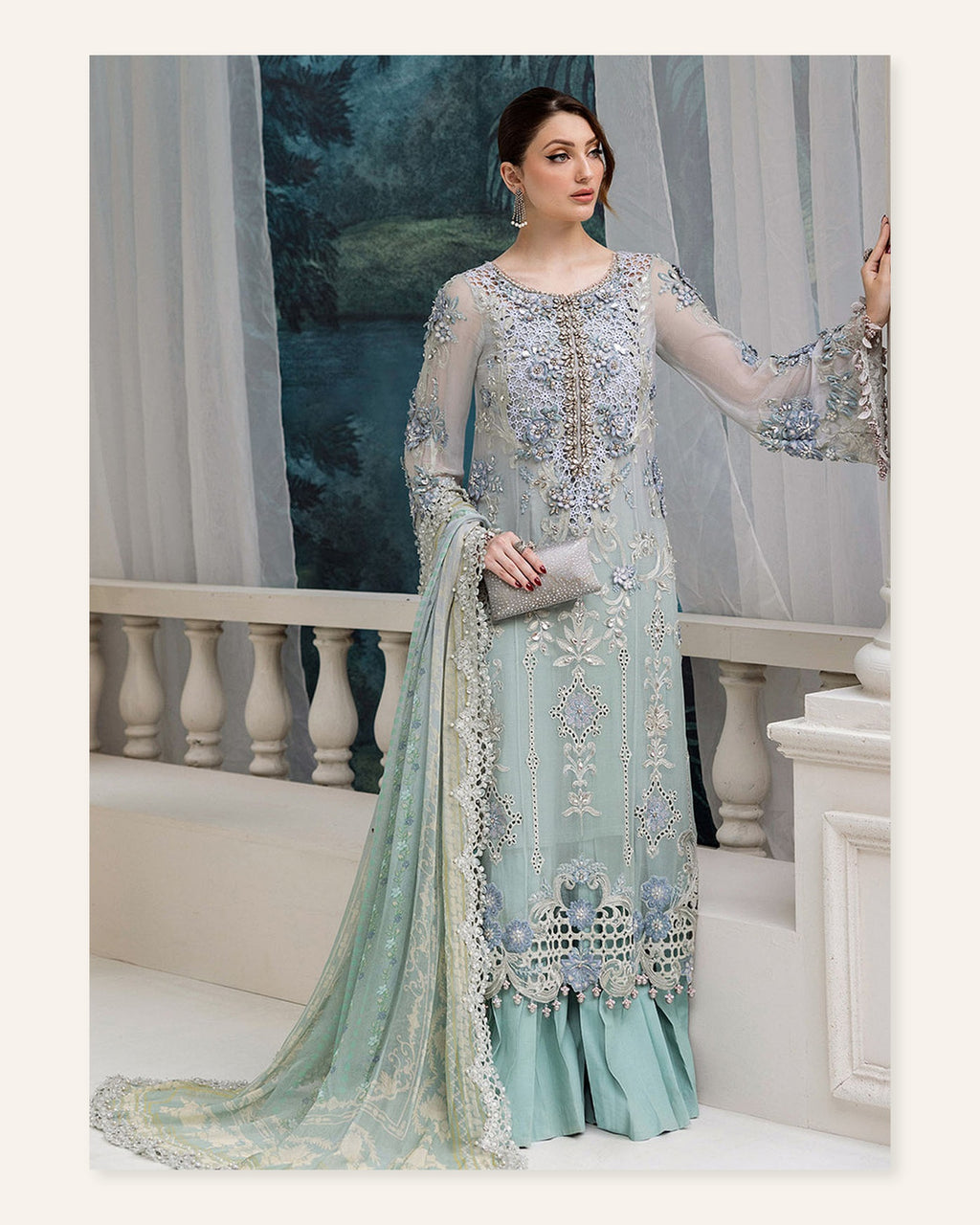 Aqua Floral Embroidered 3-Piece Unstitched Suit