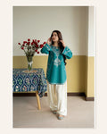 Teal Ivory Embroidered Unstitched Set