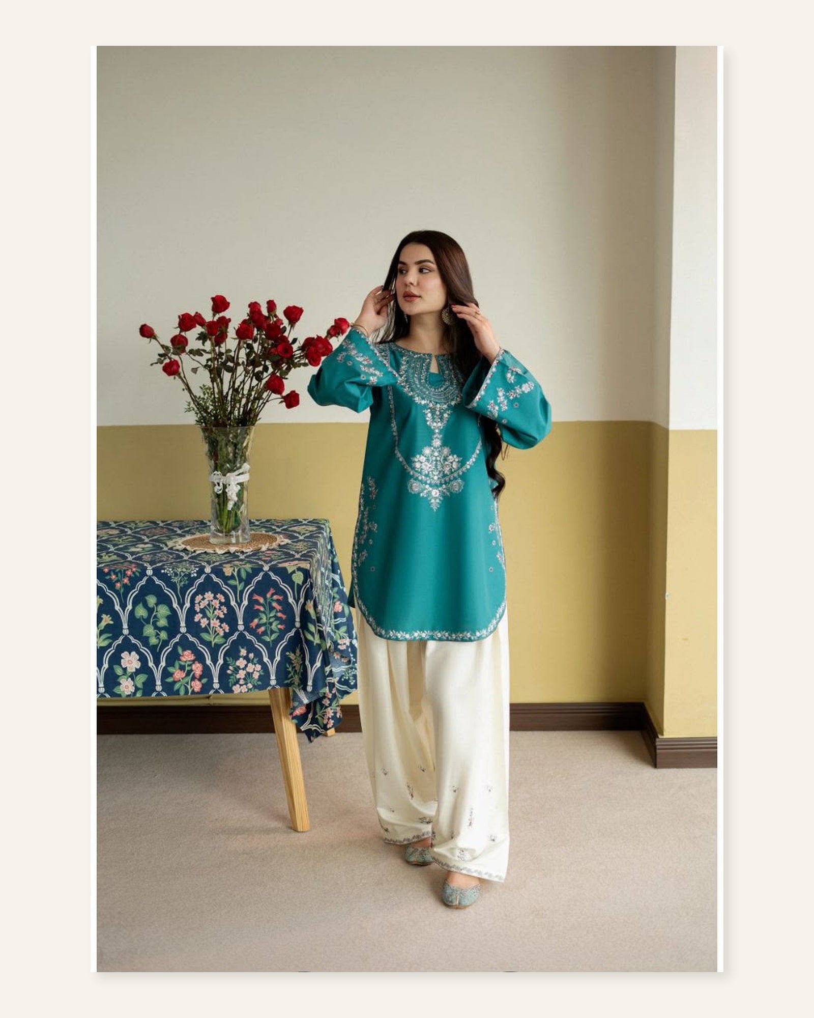 Teal Ivory Embroidered Unstitched Set
