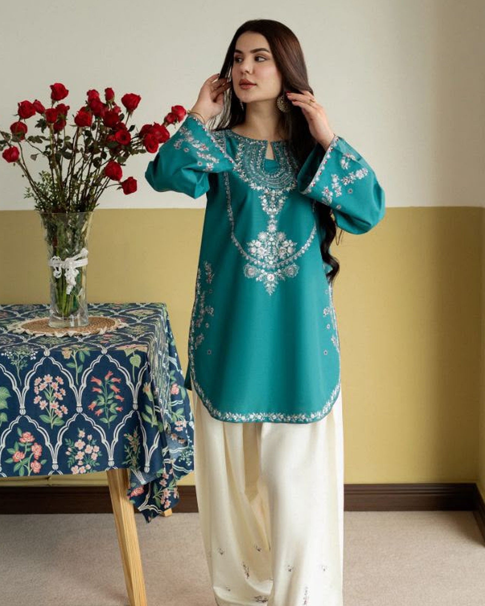 Teal Ivory Embroidered Unstitched Set