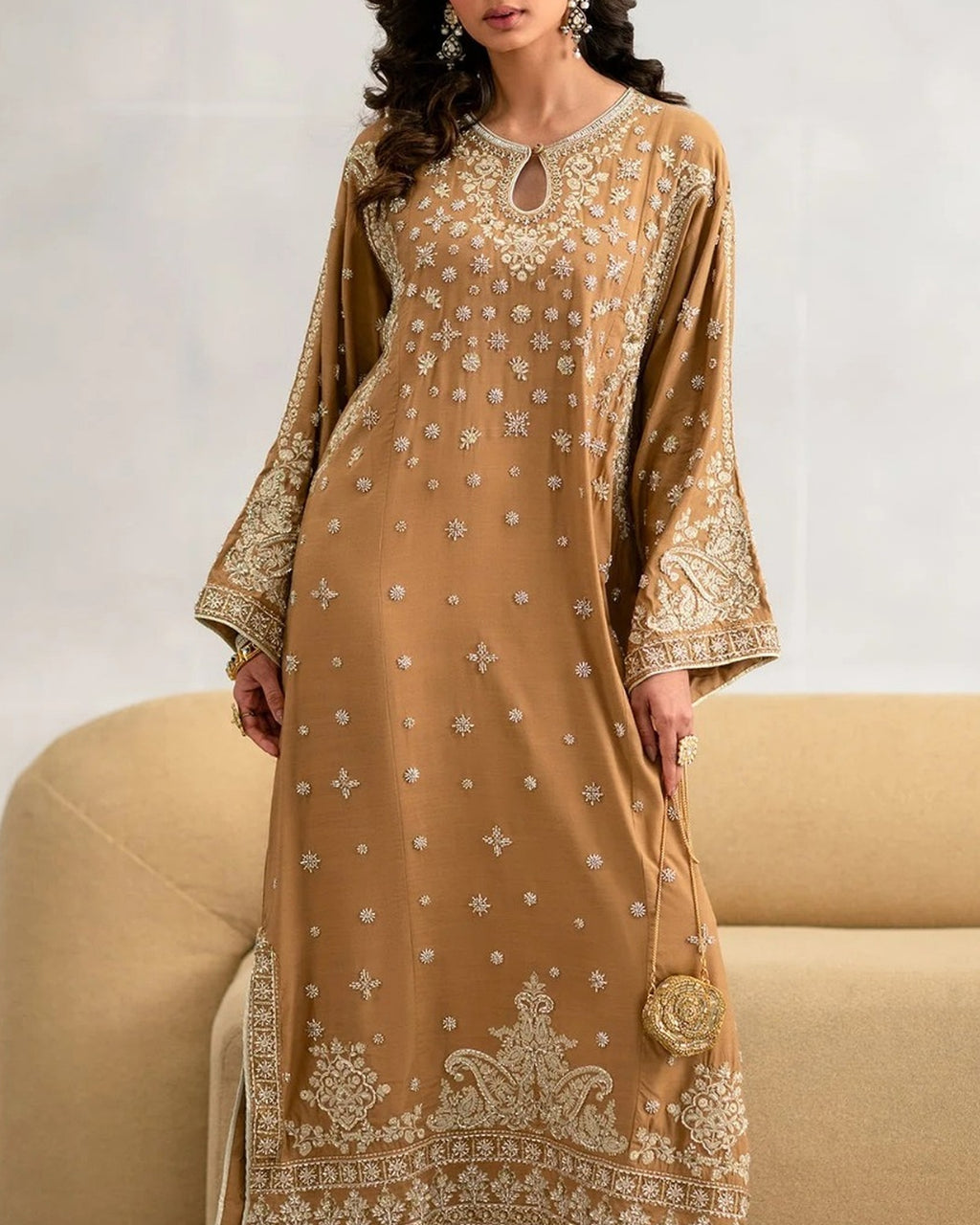 Mocha Gold Printed Unstitched Kurta